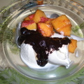 ice cream, home made chocolate sauce, peaches!